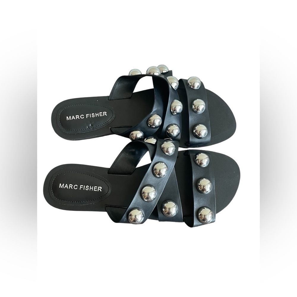 New Marc Fisher Black Women Silver Sandal Size 65 - Picture 2 of 6